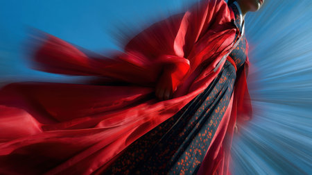 A woman in a flowing red garment moves gracefully against a bright blue sky, capturing the essence of elegance and cultural beauty.の素材