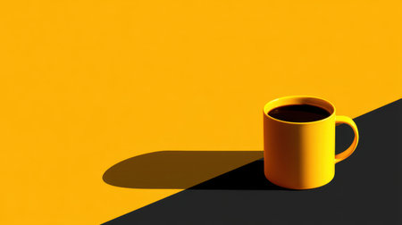 A vibrant yellow coffee mug sits on a bright yellow surface, divided by a black line, creating a bold minimalist aesthetic perfect for modern decor.の素材