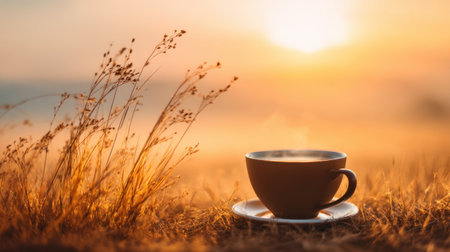 A serene morning grace with a coffee cup set on grass, illuminated by the gentle glow of a sunrise. The tranquil scene captures a moment of peaceful connection with nature.の素材