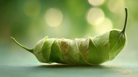 This captivating close-up image features a green caterpillar adorned with leafy camouflage resting on a surface, surrounded by a soft bokeh background that enhances its delicate nature.の素材