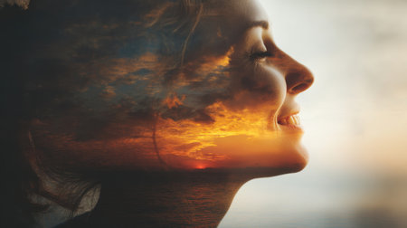 This captivating image showcases a serene womans profile blended with a vibrant sunset over the ocean, evoking deep emotions and tranquility.の素材