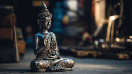 A beautiful silver Buddha statue sits peacefully in an artistic environment, capturing the essence of serenity and tranquility through its detailed craftsmanship and light.の素材