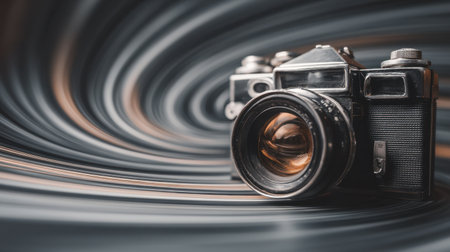 A vintage camera with a prominent lens is artistically displayed against a motion blur background, creating a dynamic and captivating visual effect.の素材