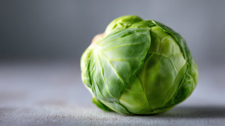 A fresh green Brussels sprout sits on a light background, showcasing its vibrant color and texture. Ideal for healthy recipes and meal ideas.の素材
