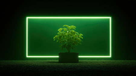 A striking image featuring a vibrant green plant illuminated by a neon frame, set against a dark background. Perfect for themes related to nature and wellness.の素材