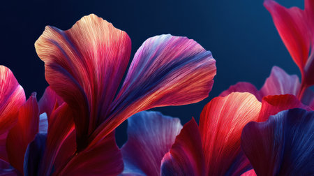 Stunning abstract image showcasing vibrant petals in rich red and blue colors, highlighting their delicate texture and intricate veins, perfect for design.の素材