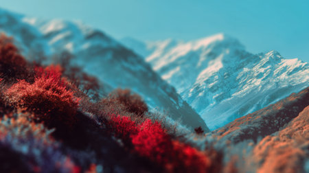 Captivating mountain landscape showcasing vibrant autumn foliage against majestic snow-capped peaks under a clear blue sky. Perfect for nature lovers.の素材