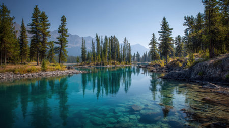 A stunning view showcasing tall pine trees reflected in crystal-clear water, offering a tranquil escape in a breathtaking natural landscape.の素材
