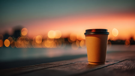 A tranquil sunset scene featuring a coffee cup placed on a wooden table. The soft bokeh effect enhances the dreamy urban background, creating a peaceful atmosphere.の素材