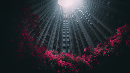A captivating vertical view showcasing an urban courtyard nestled between towering buildings, featuring vibrant pink flowers and a mysterious light streaming from above.の素材
