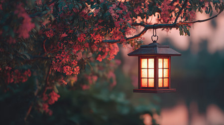 A beautiful lantern hanging gracefully from a blooming branch creates a warm glow, enhancing the tranquil atmosphere of an evening landscape.の素材