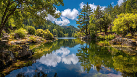 A tranquil lake scene featuring crystal-clear water reflecting the vibrant green trees and blue sky, perfect for nature lovers and outdoor enthusiasts.の素材