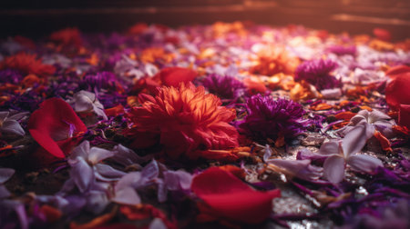 A captivating scene of colorful flower petals scattered across a textured surface, creating a vibrant and serene ambiance ideal for decoration and celebrations.の素材