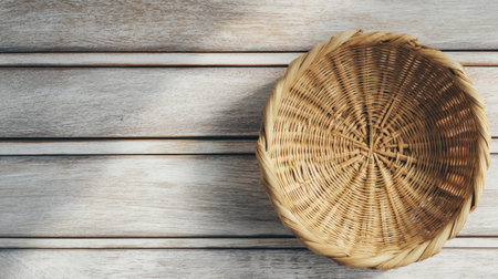 A rustic woven basket rests on a wooden surface, capturing the beauty of natural light and texture in a cozy setting. Perfect for home decor.の素材