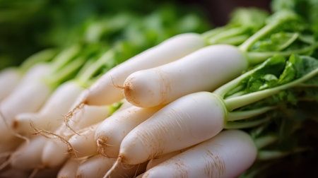 A beautiful bunch of fresh white radishes with green leaves rests on a rustic wooden surface, showcasing their natural beauty and nutrition.の素材