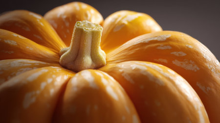 This close-up image features a vibrant orange pumpkin showcasing its unique texture and shape against a dark background, perfect for autumn themes.の素材