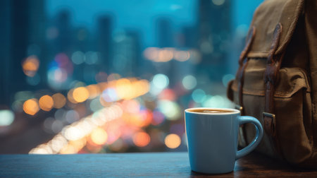 A serene urban evening scene featuring a blue coffee cup and a stylish backpack on a wooden table, surrounded by vibrant, blurred city lights, ideal for capturing moments of inspiration, relaxation, and tranquility.の素材
