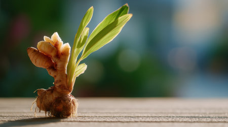 Fresh ginger root emerging with green shoots symbolizes natural growth. Perfect for culinary and health themes, this vibrant image captures the essence of organic ingredients.の素材