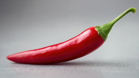 A stunning close-up of a bright red chili pepper resting on a smooth gray background, showcasing its vibrant color and natural shine, perfect for culinary or cooking-themed projects.の素材
