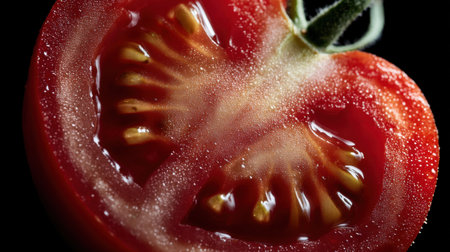 A stunning close-up of a fresh tomato slice reveals its juicy red flesh and seeds. The droplets enhance the visual appeal, showcasing freshness.の素材