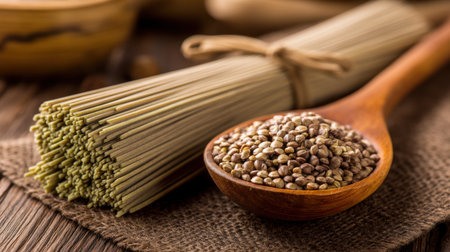 A collection of natural culinary ingredients featuring herbal sticks and seeds beautifully arranged on a rustic wooden table. The earthy tones and textures create a warm and inviting ambiance, perfect for capturing the essence of wholesome cooking and wellness.の素材