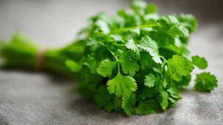 A fresh bunch of cilantro presented on a gray fabric background, offering a vibrant touch to dishes and enhancing flavors in various recipes.の素材
