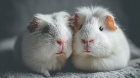This charming image captures two fluffy white guinea pigs cuddling closely on a soft blanket, highlighting their cute and expressive faces. Perfect for animal lovers.の素材