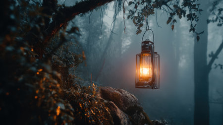 A beautiful lantern illuminates the foggy forest, creating a serene atmosphere. The warm light contrasts with the cool shadows, inviting exploration.の素材