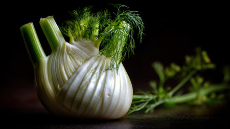 A beautifully captured fresh fennel bulb showcases its crisp texture and vibrant green fronds against a dark background, ideal for food photography.の素材