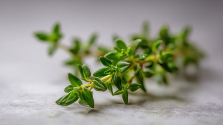 A close-up image of a fresh green thyme sprig resting on a marble surface, showcasing its vibrant leaves and natural beauty suitable for culinary uses.の素材