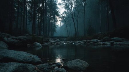 A peaceful scene in a misty forest showcasing calm waters reflecting trees at dusk, surrounded by scattered stones and a serene atmosphere.の素材
