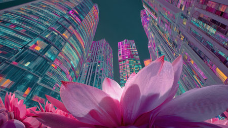 A stunning view of a vibrant pink lotus flower in the foreground, contrasting beautifully with futuristic skyscrapers in a neon cityscape.の素材