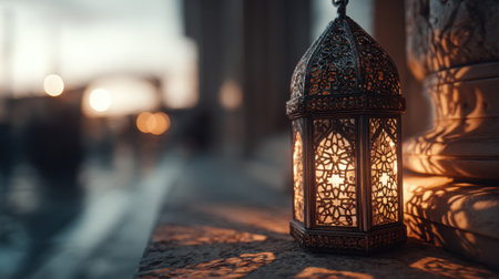 A beautifully designed lantern emits a warm glow while resting on a stone surface. This atmospheric image captures the essence of evening light and tranquility, creating a stunning visual that invites reflection and inspiration.の素材