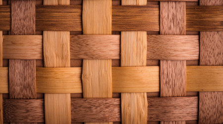This close-up image showcases a beautifully woven texture made from bamboo and wood, highlighting its warm tones and intricate pattern, perfect for design projects.の素材