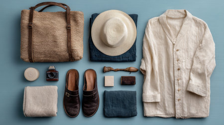 A carefully arranged flat lay of stylish travel essentials showcasing natural textures. Includes a bag, comfortable footwear, and seasonal accessories.の素材