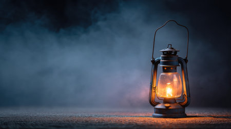 A vintage lantern casts a soft, warm glow against a smoky background. This image evokes a sense of tranquility and nostalgia, perfect for cozy themes.の素材