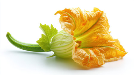 A stunning image of a fresh yellow zucchini flower resting elegantly on a white background, showcasing its vibrant petals and fresh green leaves.の素材