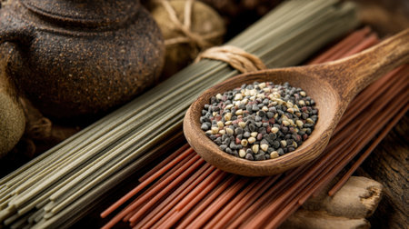 A beautiful display featuring an assortment of colorful spices in a wooden spoon set against a backdrop of natural ingredients and rustic decor, perfect for culinary-themed visuals.の素材