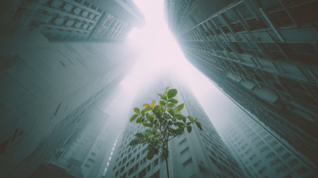 A solitary green plant grows triumphantly amidst towering concrete structures in a misty urban setting, symbolizing natures resilience.の素材
