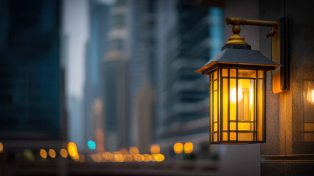 A beautifully designed street lantern casts a warm glow against a backdrop of blurred skyscrapers, creating a serene urban atmosphere at twilight.の素材
