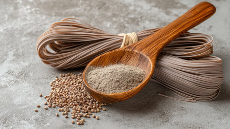 Close-up view of organic whole grain noodles paired with flour and seeds, showcasing rustic textures and natural colors, ideal for culinary projects.の素材