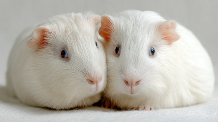 This charming image captures two fluffy white guinea pigs happily cuddled together, showcasing their gentle demeanor and vibrant personalities, perfect for animal lovers.の素材