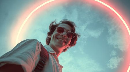 A cheerful young man smiles radiantly beneath a colorful halo under a bright sky, capturing the essence of joy and adventure in outdoor settings.の素材