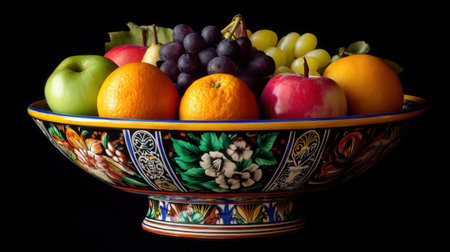 A stunning arrangement of fresh fruits displayed in a beautifully crafted ceramic bowl, showcasing vibrant colors and natural textures.の素材