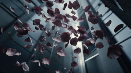 A mesmerizing scene of rose petals gracefully falling in an urban environment, illuminated by soft light, capturing the essence of beauty and tranquility.の素材