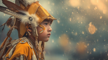 A beautiful portrait of a young child wearing an intricate traditional costume adorned with feathers, highlighting cultural heritage and innocence in a serene outdoor setting.の素材