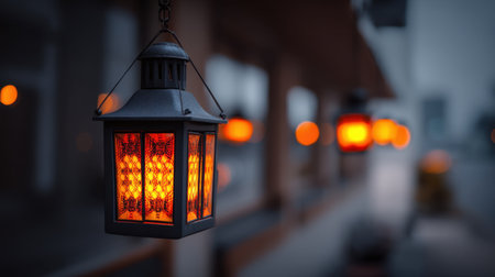 A beautiful vintage lantern emits a warm, inviting glow in an outdoor setting during dusk. The soft light highlights the decorative details, creating a tranquil atmosphere that captures the essence of evening relaxation.の素材