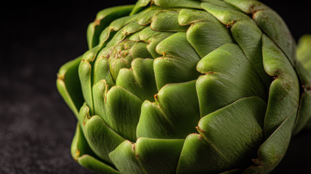 A stunning close-up of a fresh green artichoke resting on a dark background, highlighting its natural texture and unique form. Perfect for culinary imagery.の素材