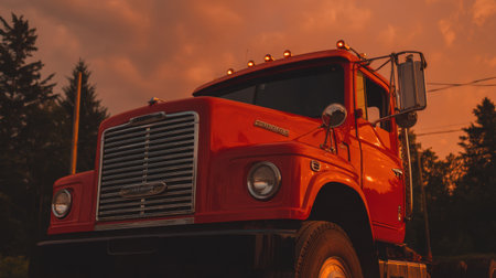 A striking vintage red truck rests against a dramatic sunset sky, showcasing warm colors and an incredible profile. Ideal for transportation and nostalgia themes.の素材