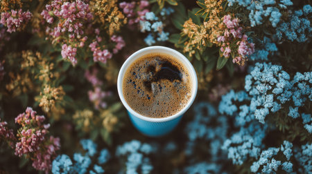 A captivating image of freshly brewed coffee resting amidst beautiful blooming flowers, evoking a sense of tranquility and connection to nature.の素材